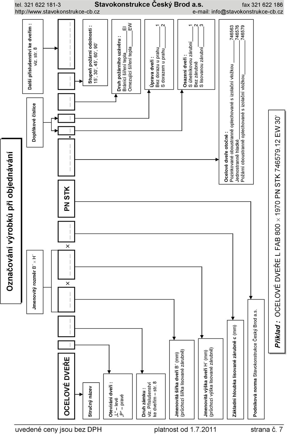 Stavokonstrukce Český Brod a.s. Označování výrobků při objednávání _ PN STK Příklad : OCELOVÉ DVEŘE L FAB 800 1970 PN STK 746579.12 EW 30 90 Další příslušenství ke dveřím : viz. str.
