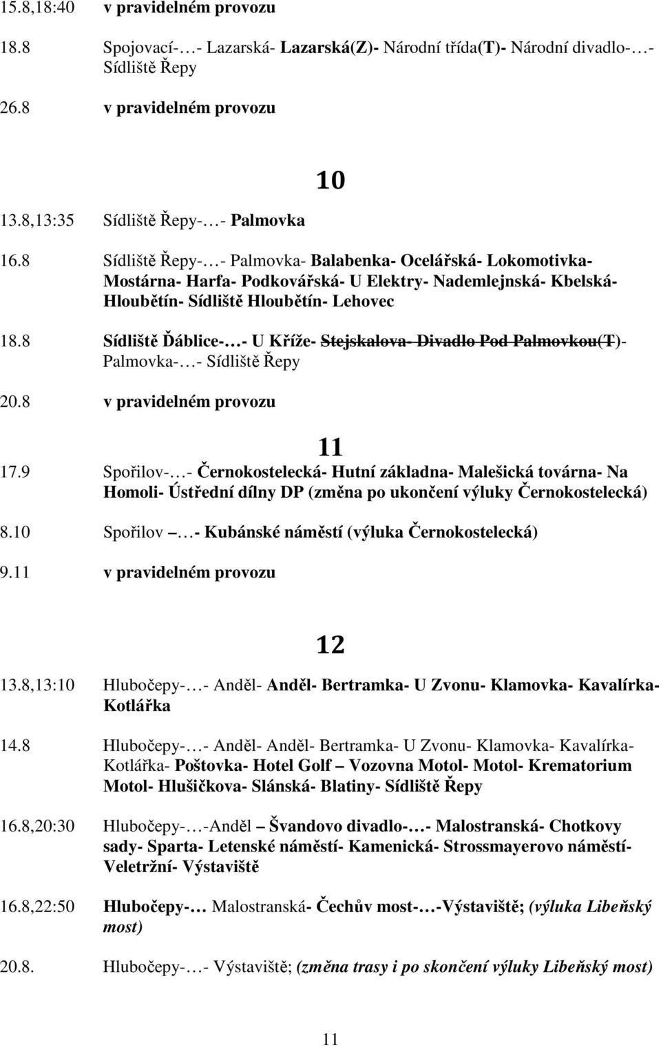 8 Sídliště Ďáblice- - U Kříže- Stejskalova- Divadlo Pod Palmovkou(T)- Palmovka- - Sídliště Řepy 20.8 v pravidelném provozu 11 17.