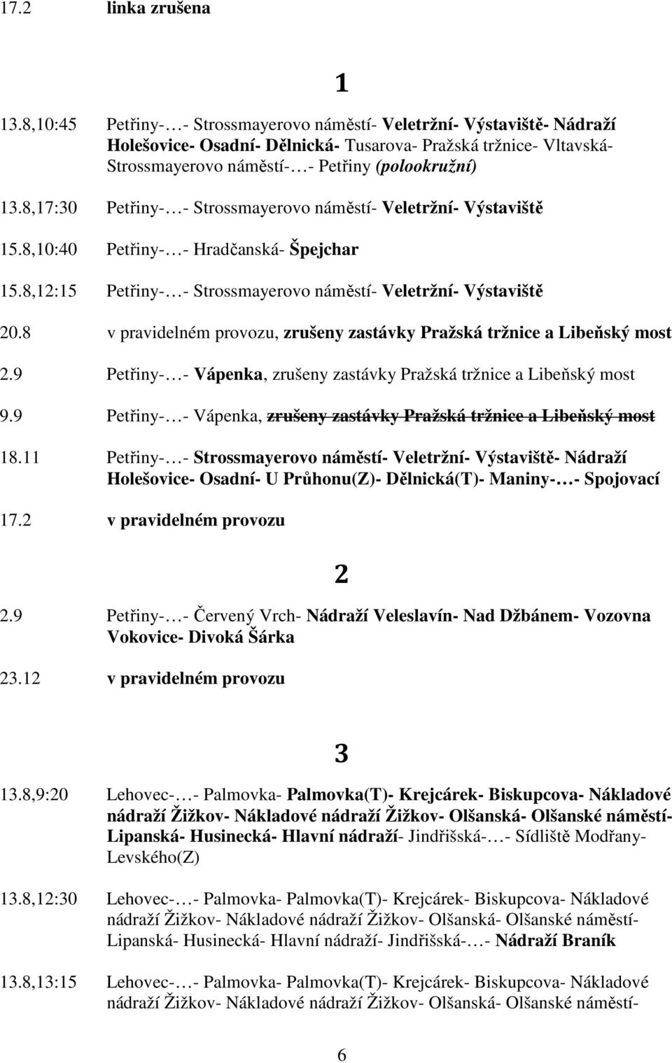 8,17:30 Petřiny- - Strossmayerovo náměstí- Veletržní- Výstaviště 15.8,10:40 Petřiny- - Hradčanská- Špejchar 15.8,12:15 Petřiny- - Strossmayerovo náměstí- Veletržní- Výstaviště 1 20.