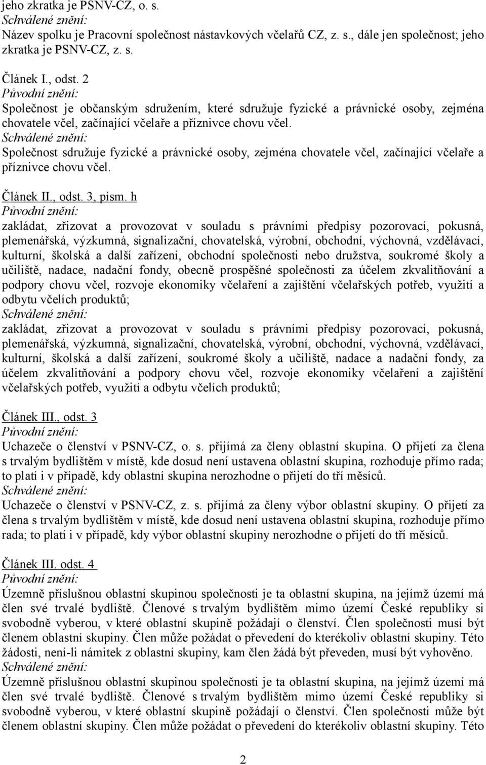 Společnost sdružuje fyzické a právnické osoby, zejména chovatele včel, začínající včelaře a příznivce chovu včel. Článek II., odst. 3, písm.