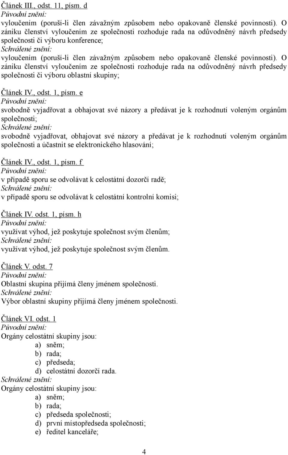 povinnosti). O zániku členství vyloučením ze společnosti rozhoduje rada na odůvodněný návrh předsedy společnosti či výboru oblastní skupiny; Článek IV., odst. 1, písm.