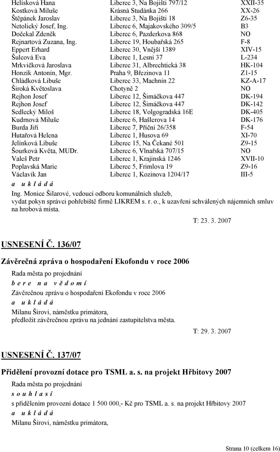 Liberec 19, Houbařská 265 F-8 Eppert Erhard Liberec 30, Vnější 1389 XIV-15 Šulcová Eva Liberec 1, Lesní 37 L-234 Mrkvičková Jaroslava Liberec 31, Albrechtická 38 HK-104 Honzík Antonín, Mgr.