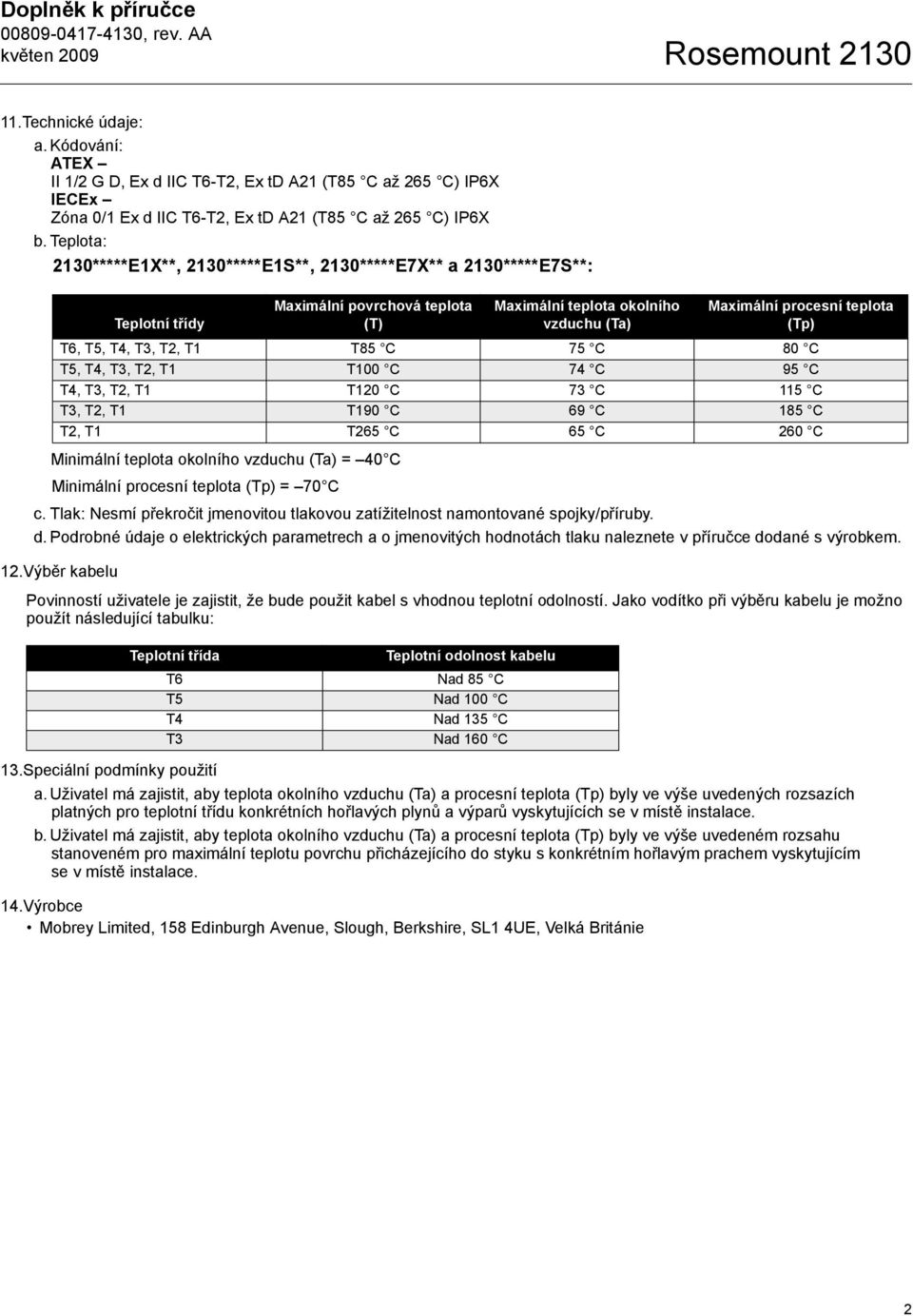 Teplota: 2130*****E1X**, 2130*****E1S**, 2130*****E7X** a 2130*****E7S**: Minimální teplota okolního vzduchu (Ta) = 40 C Minimální procesní teplota (Tp) = 70 C c.