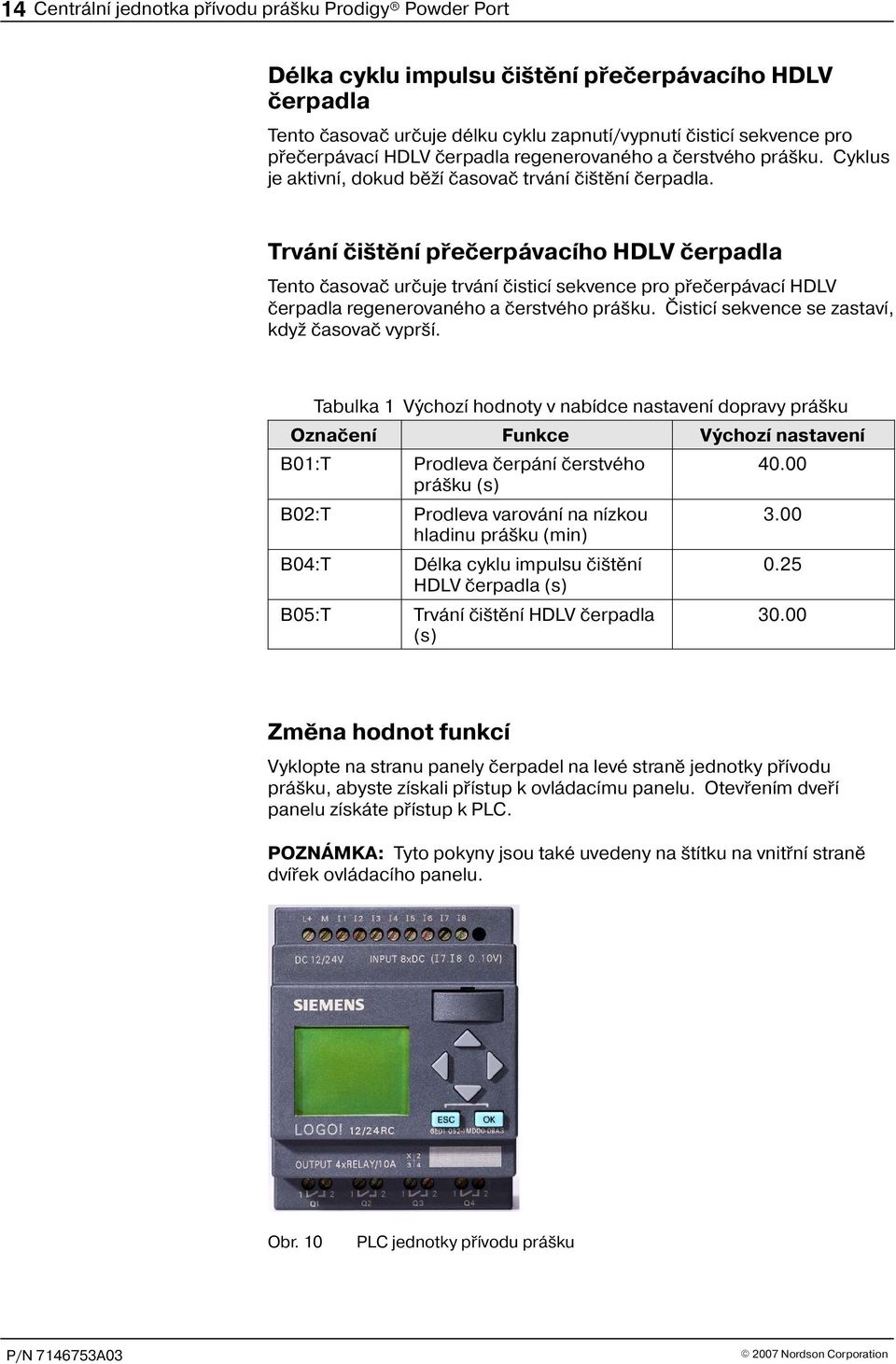 Trvání èi tìní pøeèerpávacího HDLV èerpadla Tento èasovaè urèuje trvání èisticí sekvence pro pøeèerpávací HDLV èerpadla regenerovaného a èerstvého prá ku.