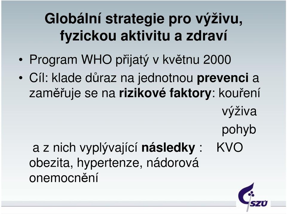 a zaměřuje se na rizikové faktory: kouření výživa pohyb a z nich