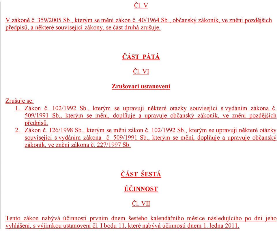 , kterým se mění, doplňuje a upravuje občanský zákoník, ve znění pozdějších předpisů. 2. Zákon č. 126/1998 Sb., kterým se mění zákon č. 102/1992 Sb.