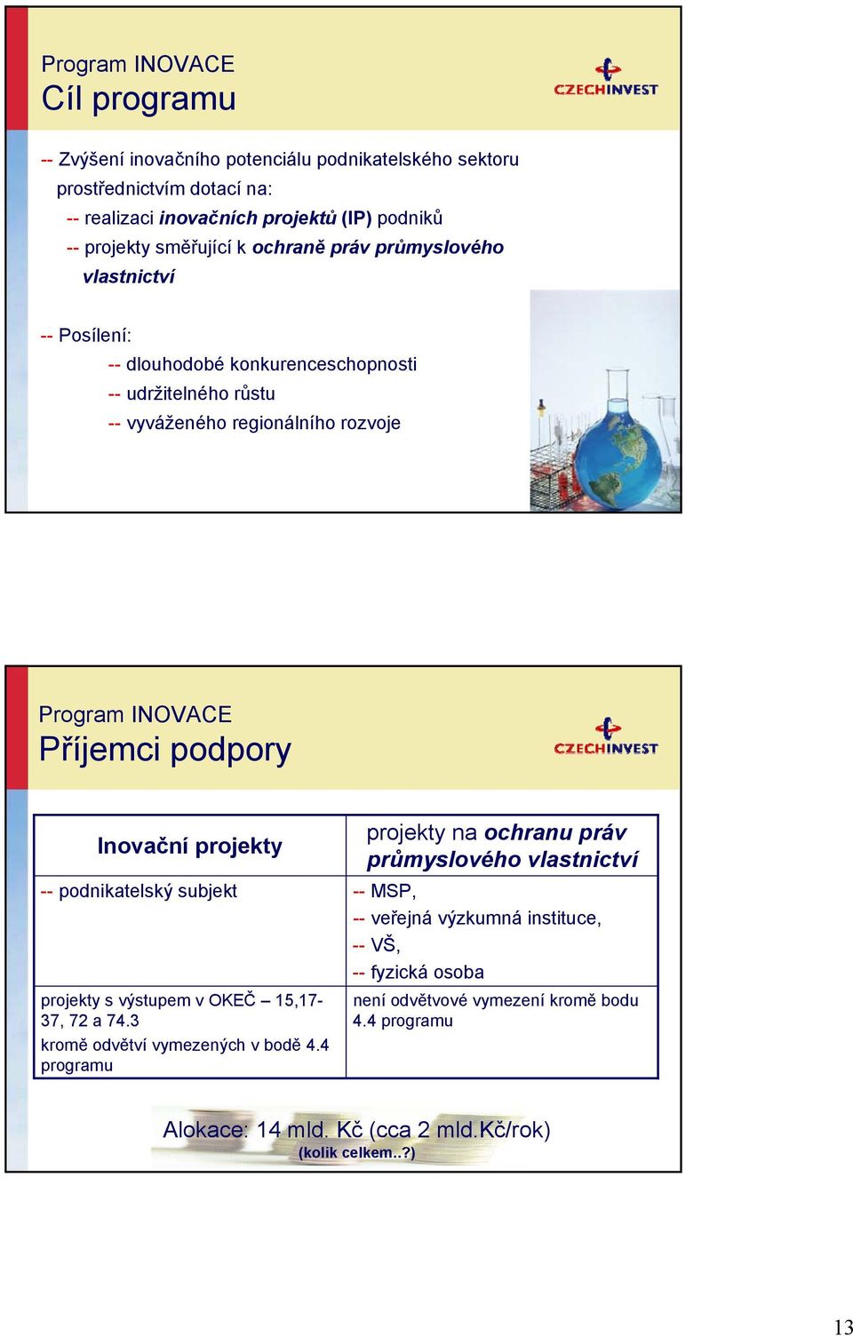 Příjemci podpory Inovační projekty -- podnikatelský subjekt projekty s výstupem v OKEČ 15,17-37, 72 a 74.3 kromě odvětví vymezených v bodě 4.