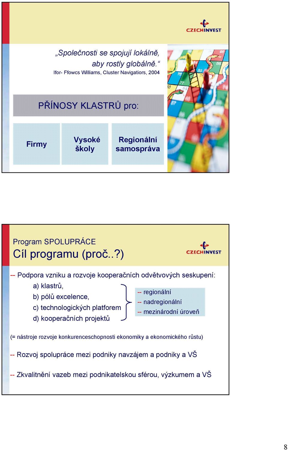 .?) -- Podpora vzniku a rozvoje kooperačních odvětvových seskupení: a) klastrů, -- regionální b) pólů excelence, -- nadregionální c) technologických