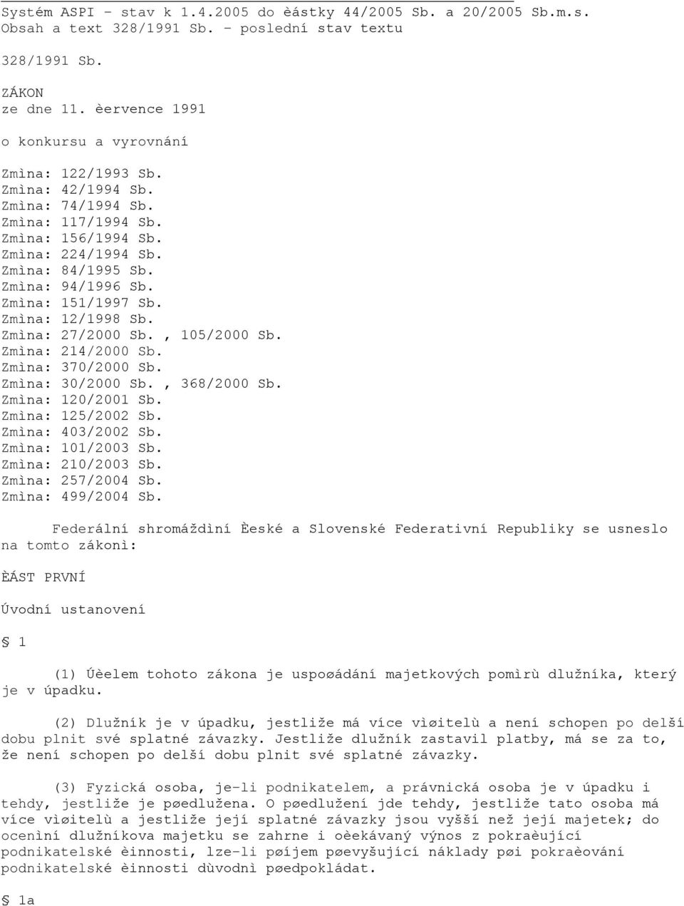 Zmìna: 151/1997 Sb. Zmìna: 12/1998 Sb. Zmìna: 27/2000 Sb., 105/2000 Sb. Zmìna: 214/2000 Sb. Zmìna: 370/2000 Sb. Zmìna: 30/2000 Sb., 368/2000 Sb. Zmìna: 120/2001 Sb. Zmìna: 125/2002 Sb.