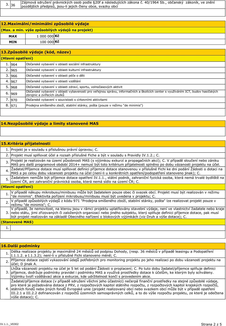 výše způsobilých výdajů na projekt) MAX MIN 1 000 000 Kč 100 000 Kč 1Způsobilé výdaje (kód, název) 964 Občanské vybavení v oblasti sociální infrastruktury 965 Občanské vybavení v oblasti kulturní