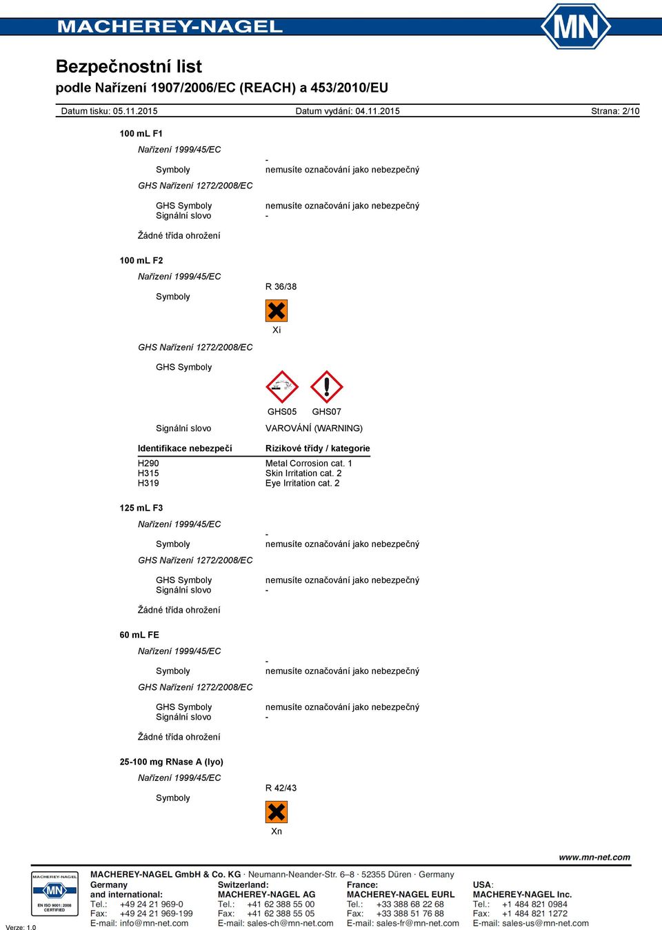 Corrosion cat. 1 H315 Skin Irritation cat. 2 H319 Eye Irritation cat.
