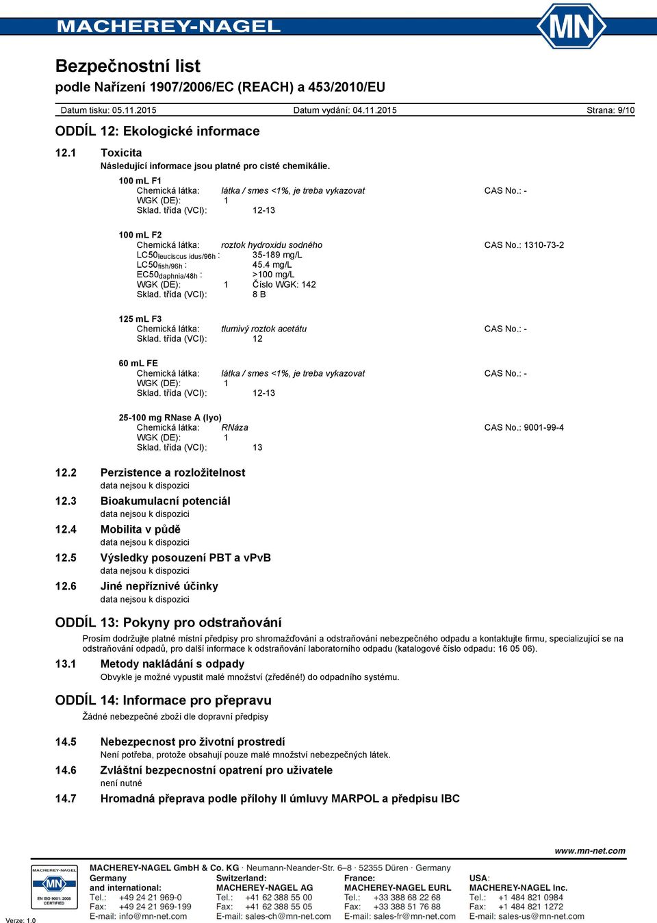 4 mg/l EC50 daphnia/48h : >100 mg/l WGK (DE): 1 Číslo WGK: 142 Sklad. třída (VCI): 8 B Chemická látka: tlumivý roztok acetátu CAS No.: Sklad.