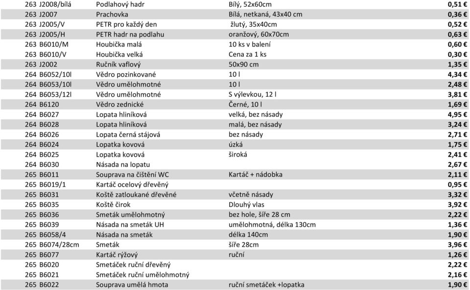 umělohmotné 10 l 2,48 264 B6053/12l Vědro umělohmotné S výlevkou, 12 l 3,81 264 B6120 Vědro zednické Černé, 10 l 1,69 264 B6027 Lopata hliníková velká, bez násady 4,95 264 B6028 Lopata hliníková