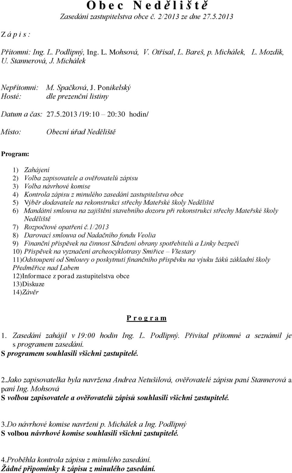 2013 /19:10 20:30 hodin/ Místo: Obecní úřad Neděliště Program: 1) Zahájení 2) Volba zapisovatele a ověřovatelů zápisu 3) Volba návrhové komise 4) Kontrola zápisu z minulého zasedání zastupitelstva