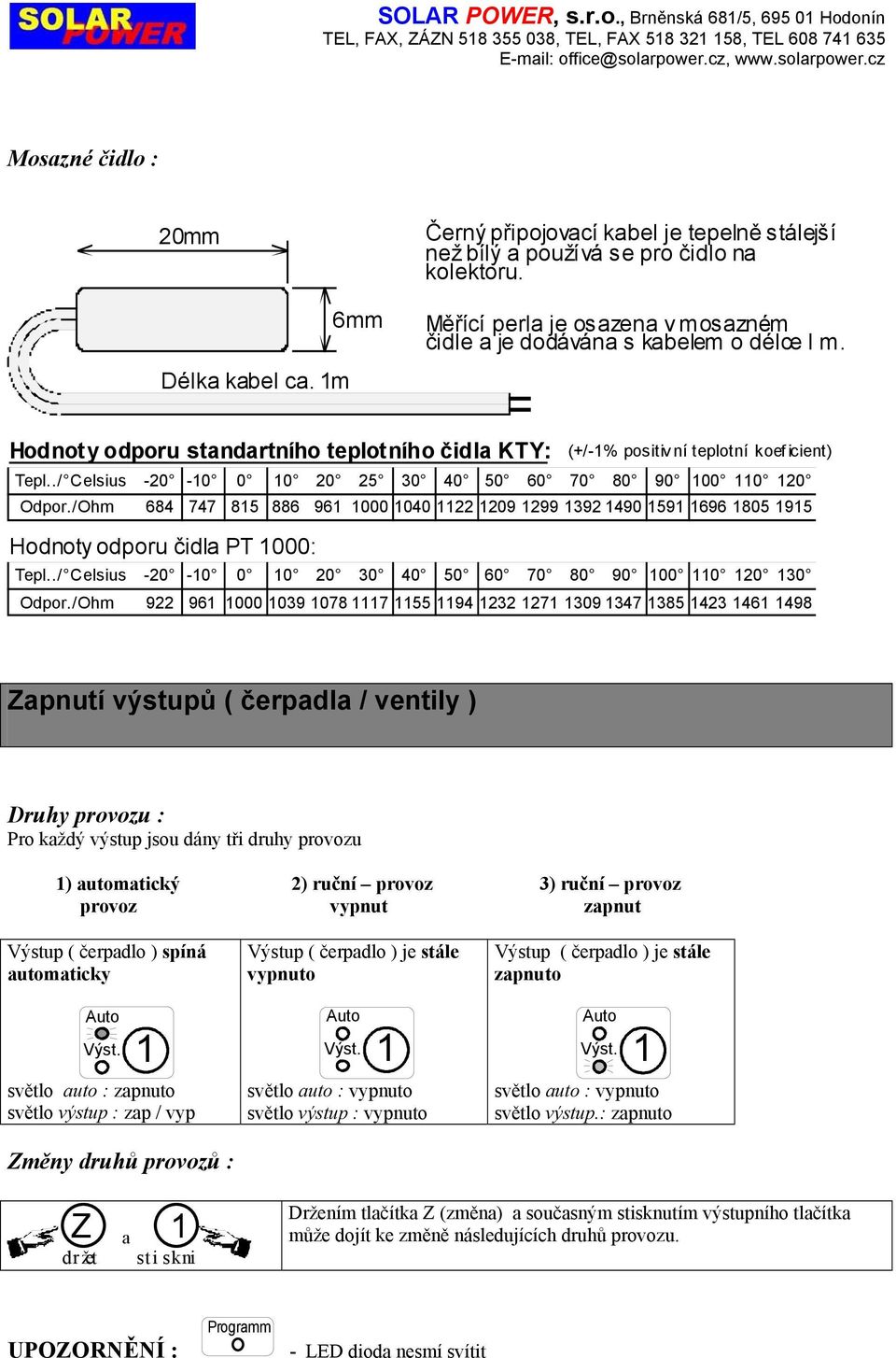 Hodnoty odporu stndrtního teplotního čidl KTY: (/1% positivní teplotní koeficient) Tepl../ Celsius 20 10 0 10 20 25 30 40 50 60 70 80 90 100 110 120 Odpor.