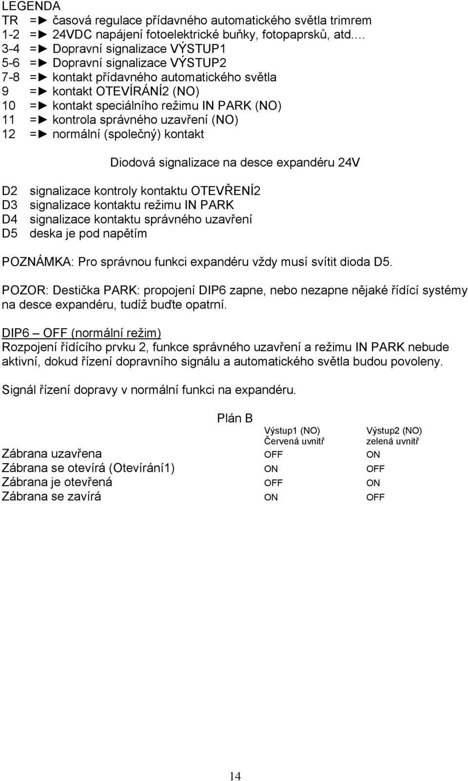 kontrola správného uzavření (NO) 12 = normální (společný) kontakt Diodová signalizace na desce expandéru 24V D2 signalizace kontroly kontaktu OTEVŘENÍ2 D3 signalizace kontaktu režimu IN PARK D4