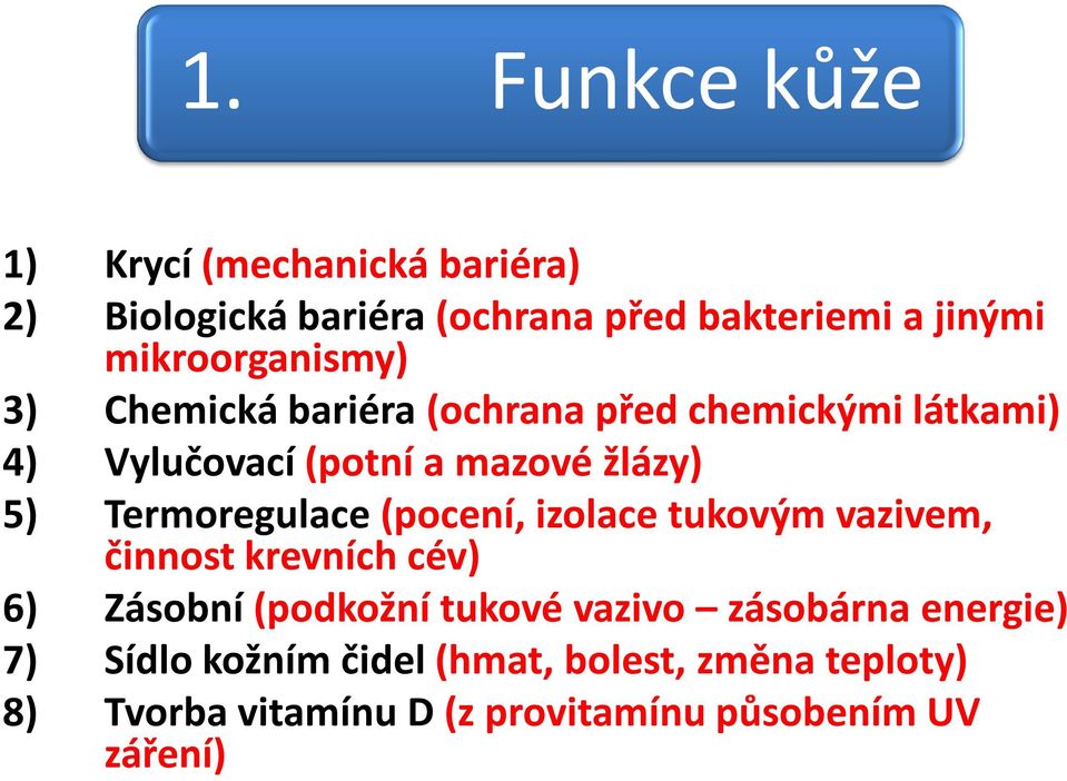 Termoregulace (pocení, izolace tukovým vazivem, činnost krevních cév) 6) Zásobní (podkožní tukové vazivo