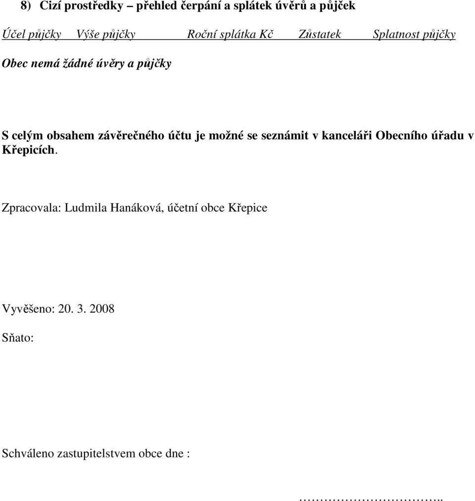 závěrečného účtu je možné se seznámit v kanceláři Obecního úřadu v Křepicích.