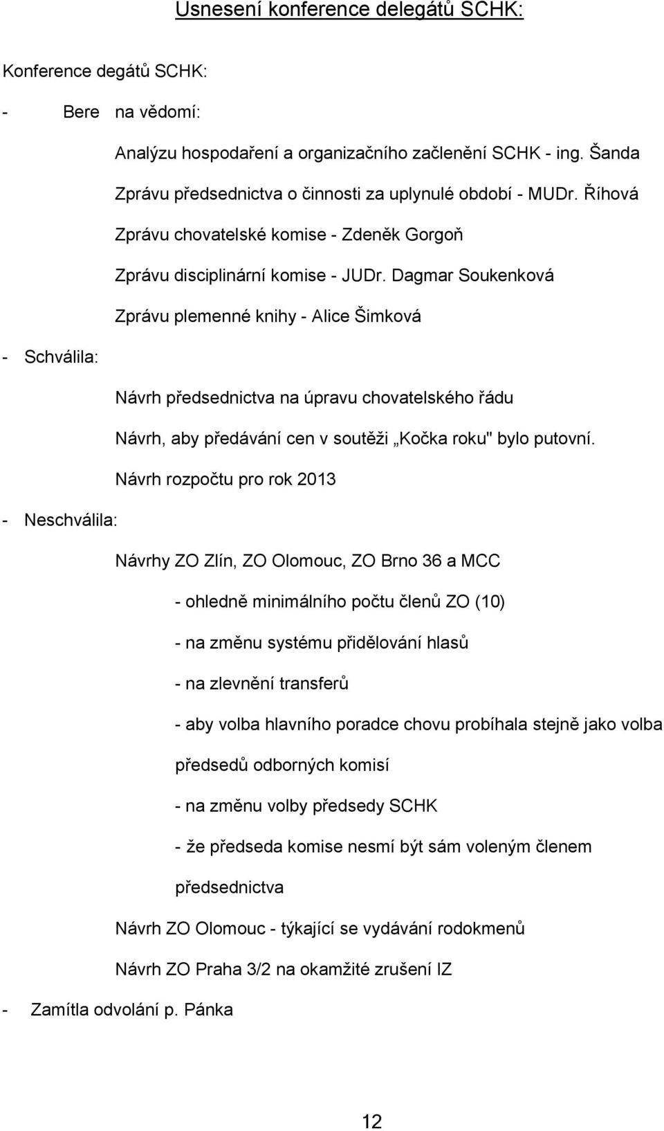 Dagmar Soukenková Zprávu plemenné knihy - Alice Šimková - Schválila: Návrh předsednictva na úpravu chovatelského řádu Návrh, aby předávání cen v soutěži Kočka roku" bylo putovní.
