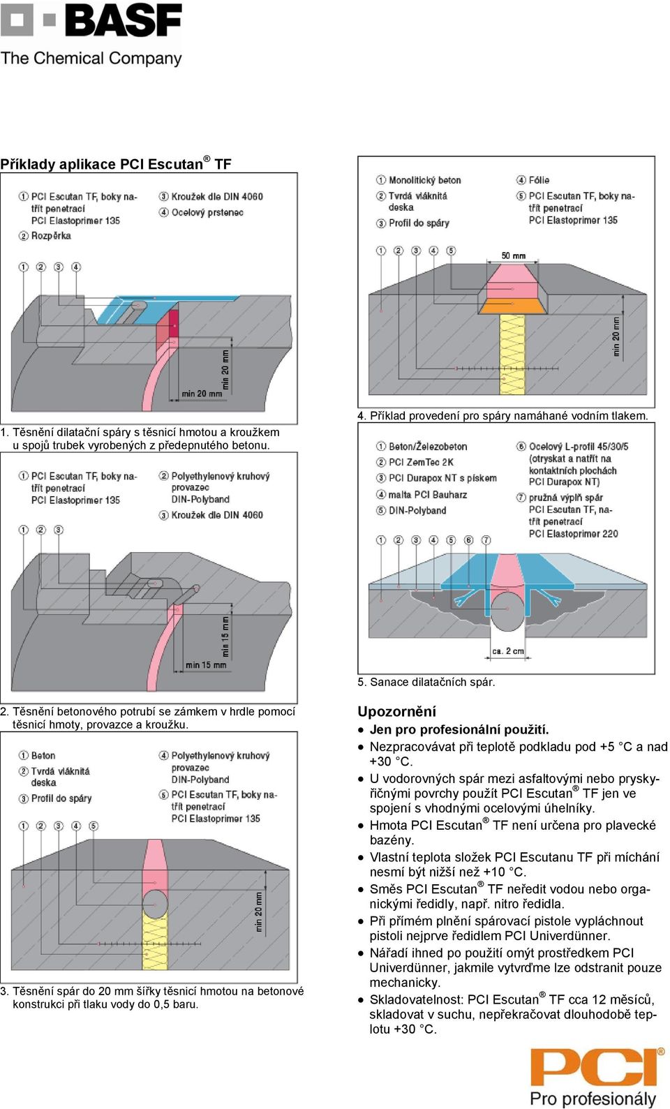 Těsnění spár do 20 mm šířky těsnicí hmotou na betonové konstrukci při tlaku vody do 0,5 baru. Upozornění Jen pro profesionální použití. Nezpracovávat při teplotě podkladu pod 5 C a nad 30 C.