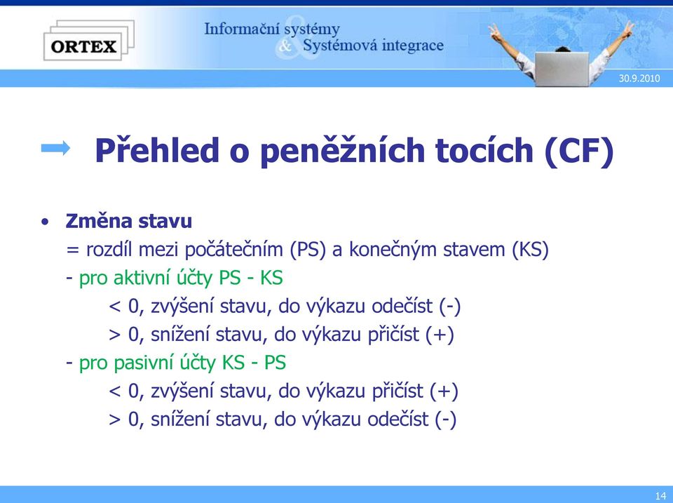 odečíst (-) > 0, snížení stavu, do výkazu přičíst (+) - pro pasivní účty KS - PS