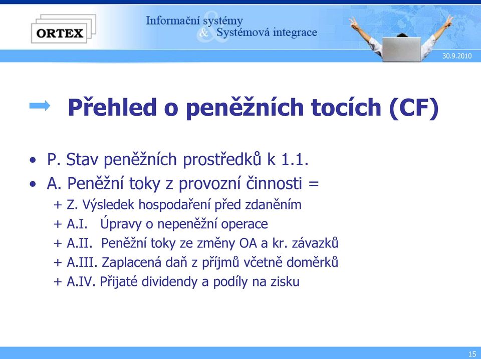 I. Úpravy o nepeněžní operace + A.II. Peněžní toky ze změny OA a kr.