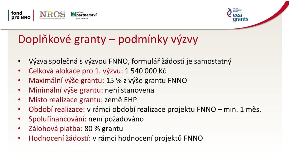 výzvu: 1 540 000 Kč Maximální výše grantu: 15 % z výše grantu FNNO Minimální výše grantu: není stanovena