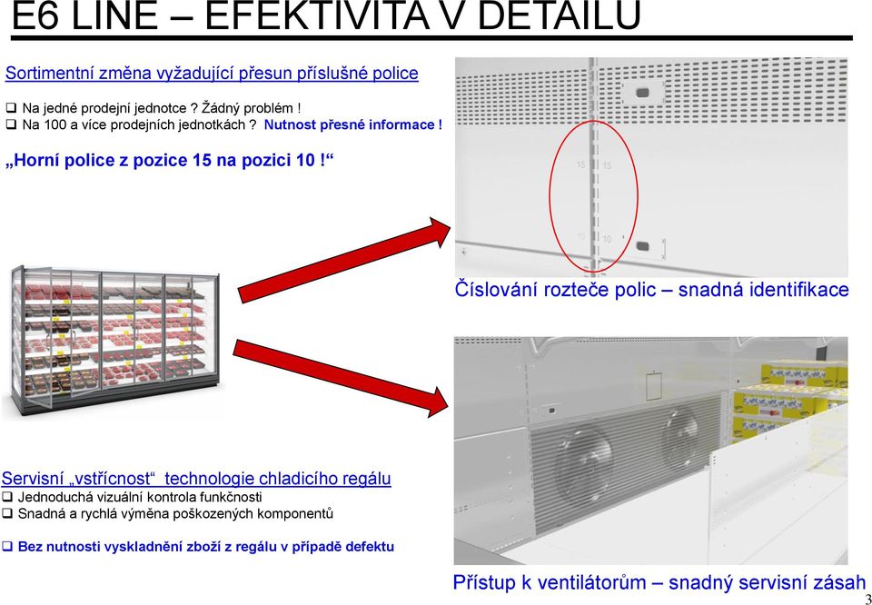 Číslování rozteče polic snadná identifikace Servisní vstřícnost technologie chladicího regálu Jednoduchá vizuální kontrola