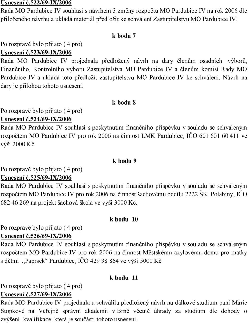 523/69-ix/2006 Rada MO Pardubice IV projednala předloţený návrh na dary členům osadních výborů, Finančního, Kontrolního výboru Zastupitelstva MO Pardubice IV a členům komisí Rady MO Pardubice IV a
