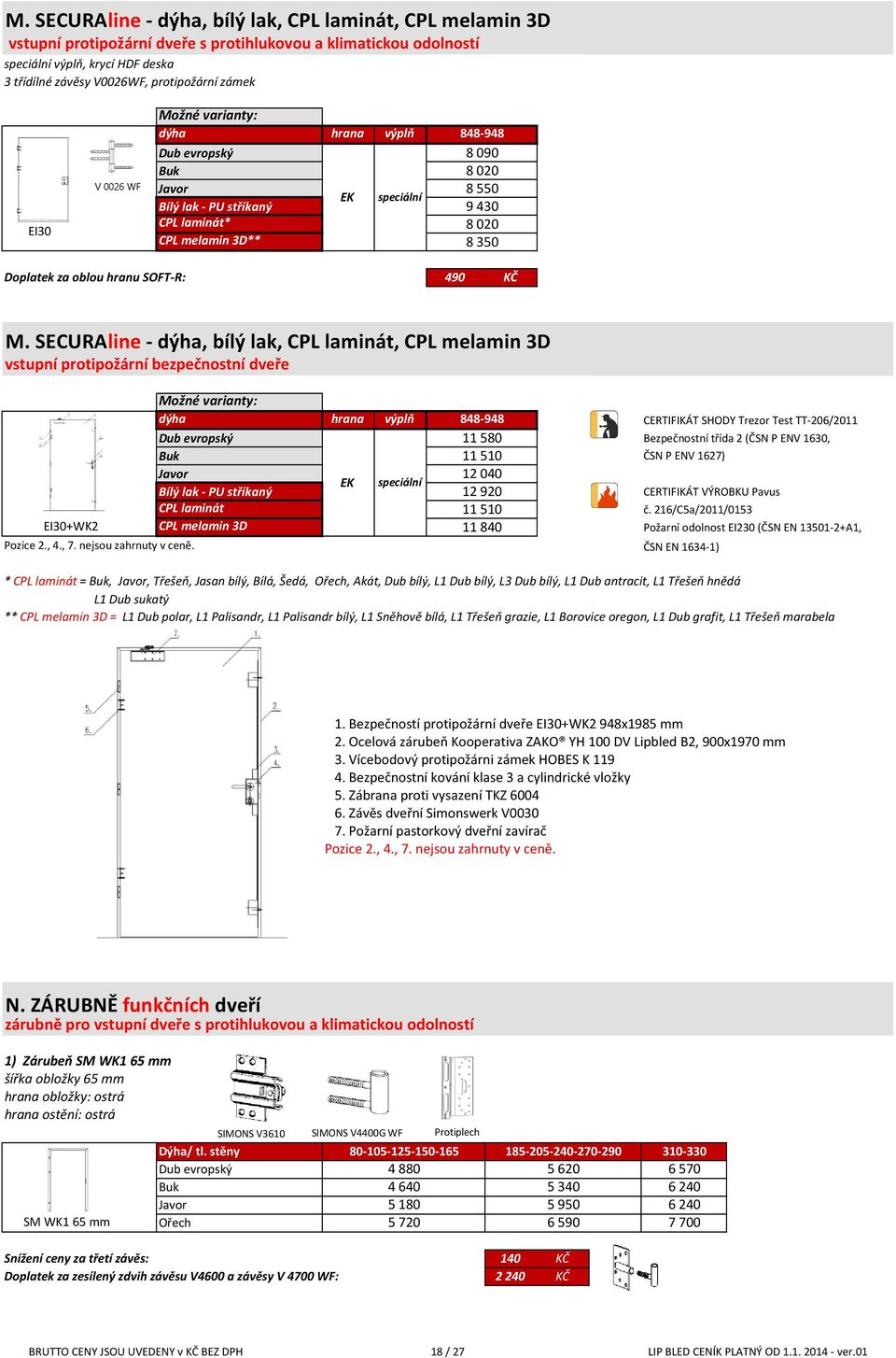 SECURAline - dýha, bílý lak, CPL laminát, CPL melamin 3D vstupní protipožární bezpečnostní dveře dýha hrana výplň 848-948 CERTIFIKÁT SHODY Trezor Test TT-206/2011 11 580 Bezpečnostní třída 2 (ČSN P