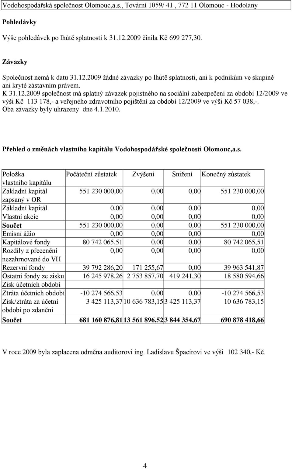 Oba závazky byly uhrazeny dne 4.1.2010. Přehled o změnách vlast