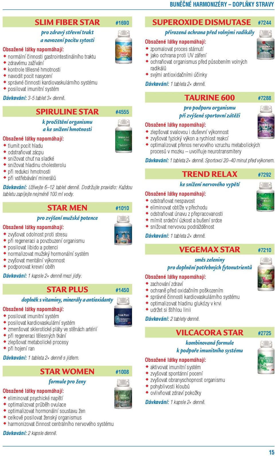 SPIRULINE STAR k pročištění organismu a ke snížení hmotnosti tlumit pocit hladu odstraňovat zácpu snižovat chuť na sladké snižovat hladinu cholesterolu při redukci hmotnosti při vstřebávání minerálů