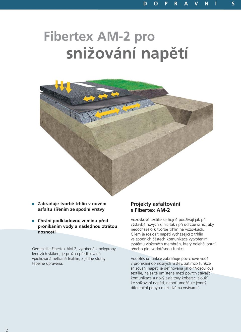Projekty asfaltování s Fibertex AM-2 Vozovkové textilie se hojně používají jak při výstavbě nových silnic tak i při údržbě silnic, aby nedocházelo k tvorbě trhlin na vozovkách.