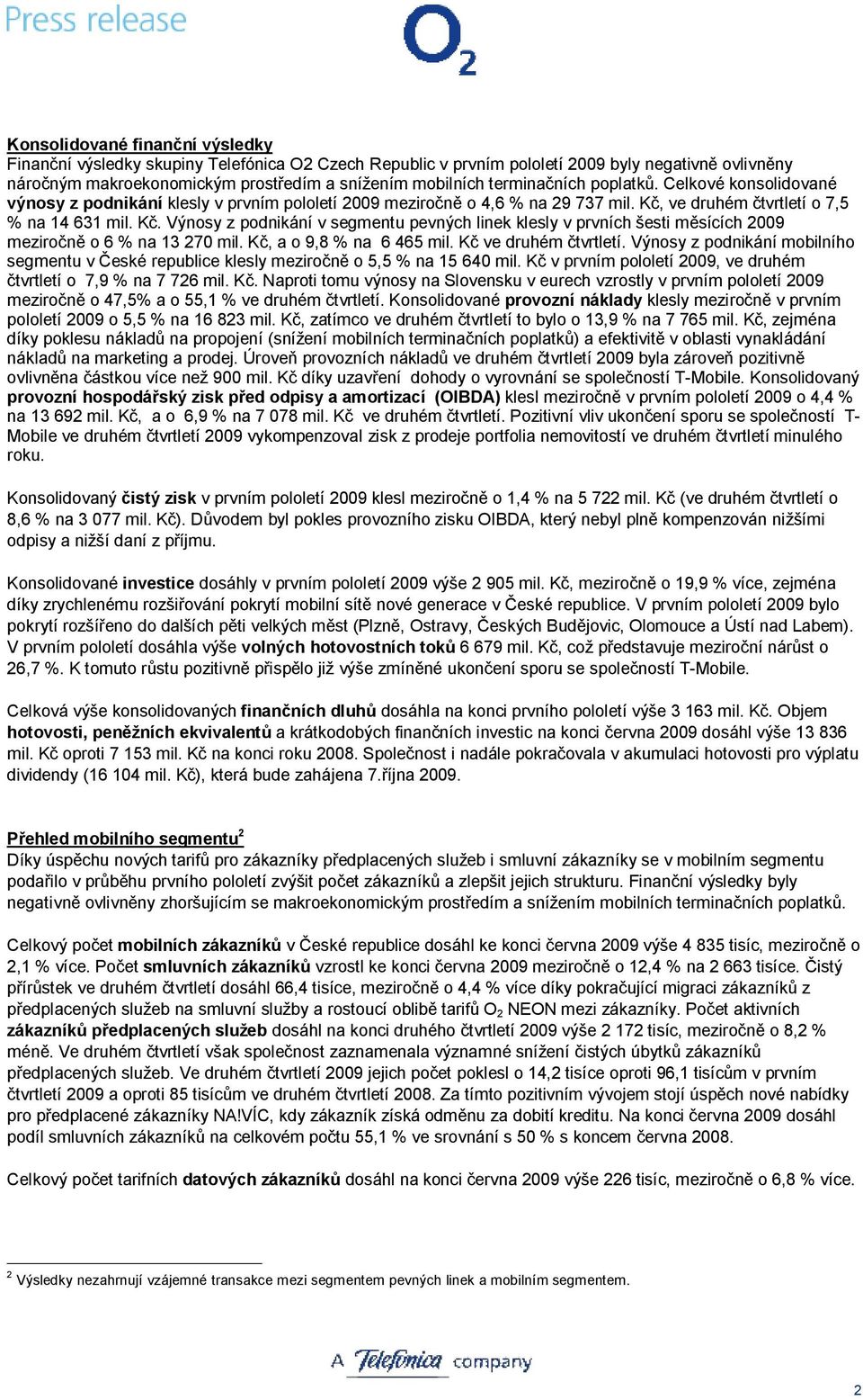 ve druhém čtvrtletí o 7,5 % na 14 631 mil. Kč. Výnosy z podnikání v segmentu pevných linek klesly v prvních šesti měsících 2009 meziročně o 6 % na 13 270 mil. Kč, a o 9,8 % na 6 465 mil.