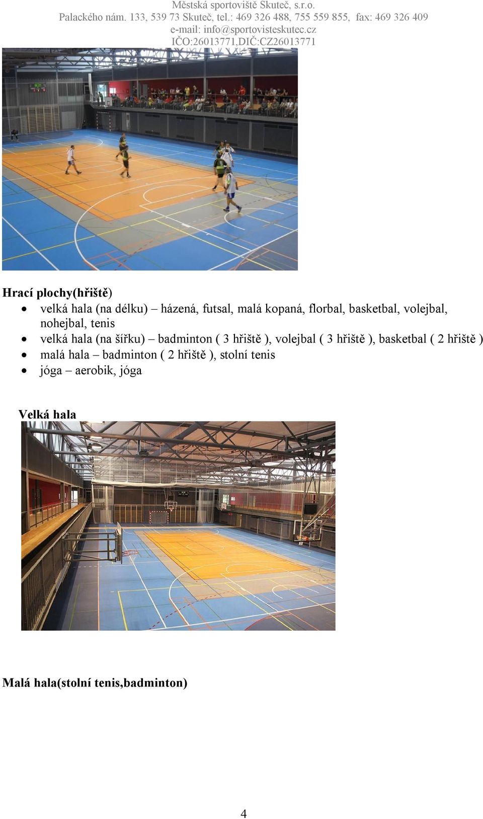 ), volejbal ( 3 hřiště ), basketbal ( 2 hřiště ) malá hala badminton ( 2 hřiště