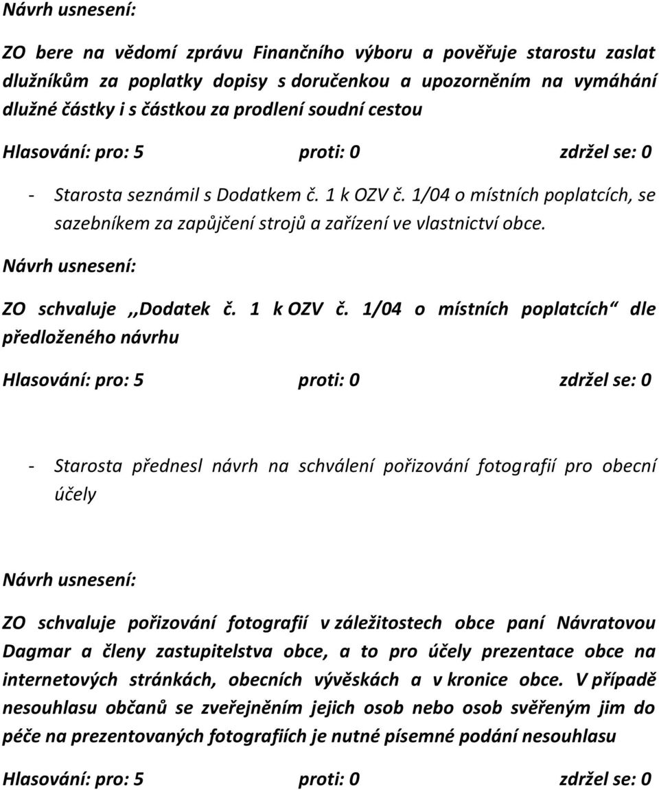 1/04 o místních poplatcích, se sazebníkem za zapůjčení strojů a zařízení ve vlastnictví obce. ZO schvaluje,,dodatek č. 1 k OZV č.