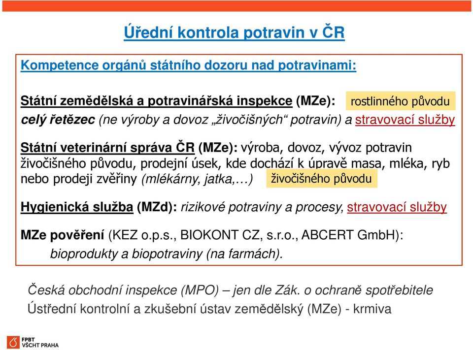 mléka, ryb nebo prodeji zvěřiny (mlékárny, jatka, ) živočišného původu Hygienická služba (MZd): rizikové potraviny a procesy, stravovací služby MZe pověření (KEZ o.p.s., BIOKONT CZ, s.