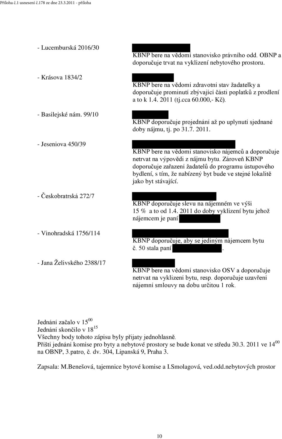 KBNP doporučuje projednání až po uplynutí sjednané doby nájmu, tj. po 31.7. 2011. KBNP bere na vědomí stanovisko nájemců a doporučuje netrvat na výpovědi z nájmu bytu.