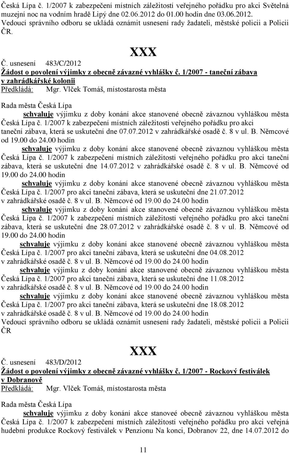 . Č. usnesení 483/C/2012 Žádost o povolení výjimky z obecně závazné vyhlášky č. 1/2007 - taneční zábava v zahrádkářské kolonii Česká Lípa č.