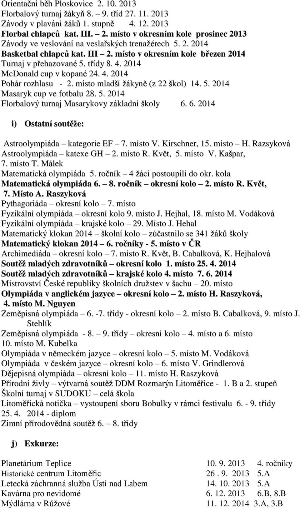 místo mladší žákyně (z 22 škol) 14. 5. 2014 Masaryk cup ve fotbalu 28. 5. 2014 Florbalový turnaj Masarykovy základní školy 6. 6. 2014 i) Ostatní soutěže: Astroolympiáda kategorie EF 7. místo V.