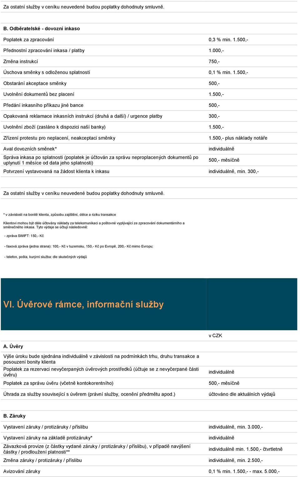 500,- Předání inkasního příkazu jiné bance 500,- Opakovaná reklamace inkasních instrukcí (druhá a další) / urgence platby 300,- Uvolnění zboží (zasláno k dispozici naší banky) 1.