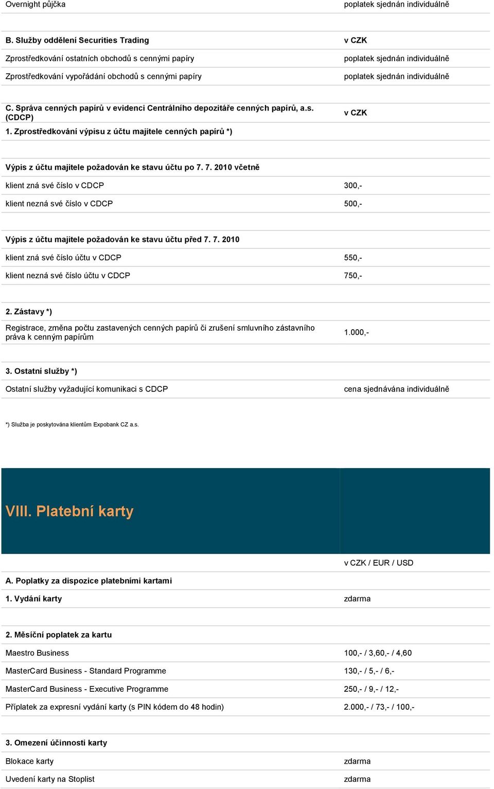 Správa cenných papírů v evidenci Centrálního depozitáře cenných papírů, a.s. (CDCP) 1. Zprostředkování výpisu z účtu majitele cenných papírů *) Výpis z účtu majitele požadován ke stavu účtu po 7.