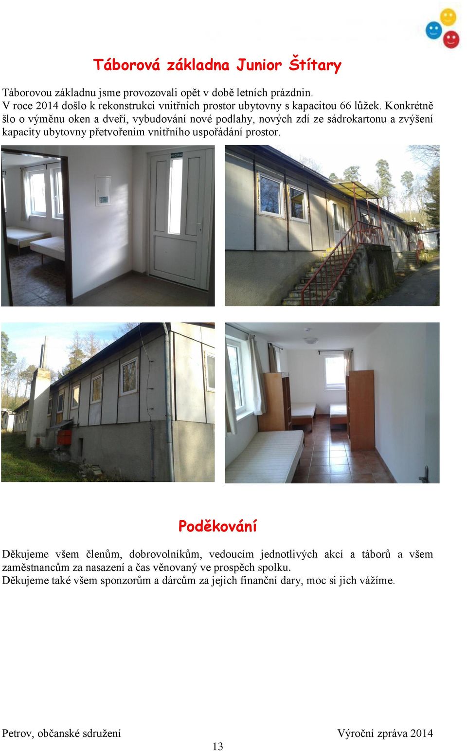 Konkrétně šlo o výměnu oken a dveří, vybudování nové podlahy, nových zdí ze sádrokartonu a zvýšení kapacity ubytovny přetvořením vnitřního