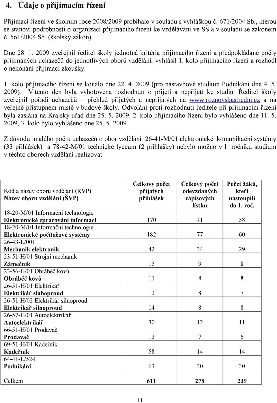 2009 zveřejnil ředitel školy jednotná kritéria přijímacího řízení a předpokládané počty přijímaných uchazečů do jednotlivých oborů vzdělání, vyhlásil 1.