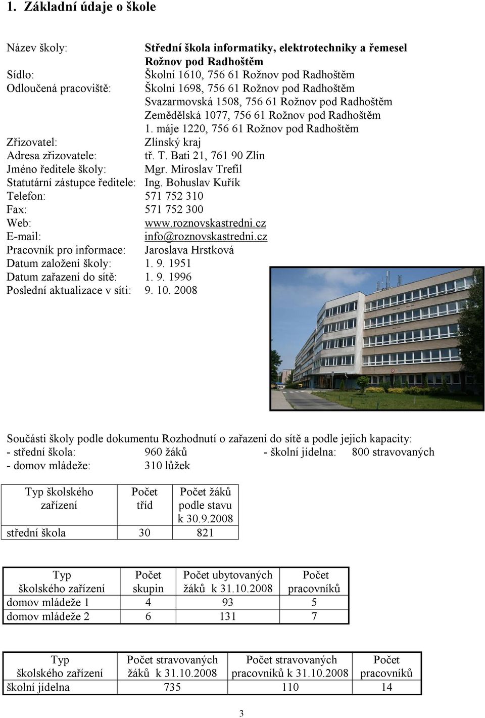 máje 1220, 756 61 Rožnov pod Radhoštěm Zřizovatel: Zlínský kraj Adresa zřizovatele: tř. T. Bati 21, 761 90 Zlín Jméno ředitele školy: Mgr. Miroslav Trefil Statutární zástupce ředitele: Ing.