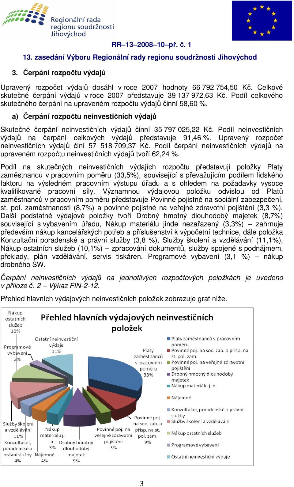 Podíl neinvestičních výdajů na čerpání celkových výdajů představuje 91,46 %. Upravený rozpočet neinvestičních výdajů činí 57 518 709,37 Kč.