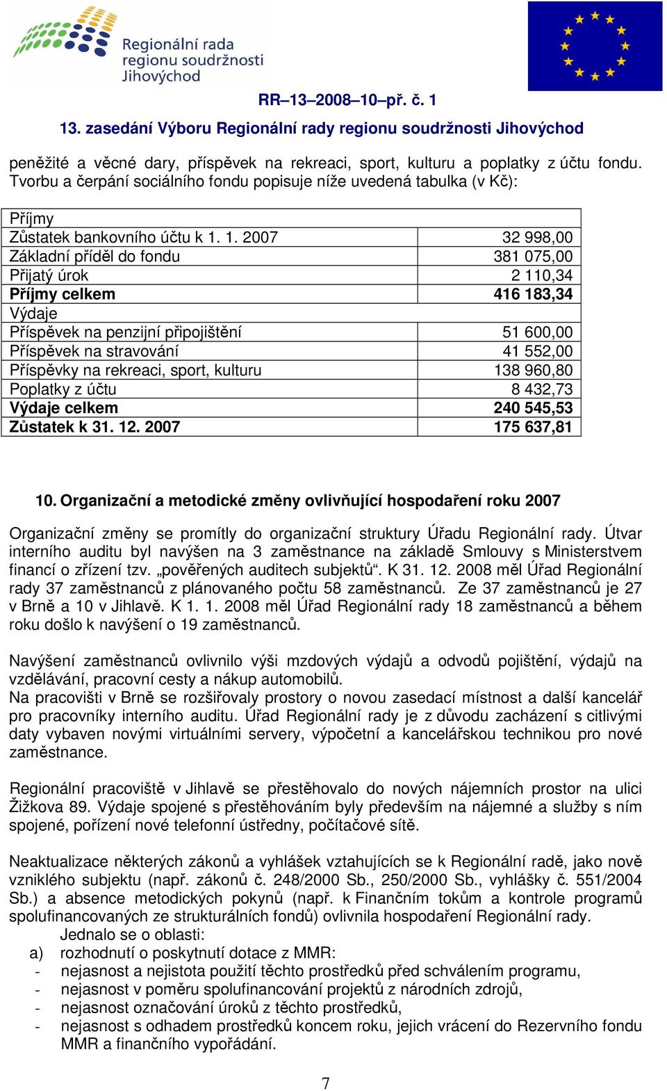 rekreaci, sport, kulturu 138 960,80 Poplatky z účtu 8 432,73 Výdaje celkem 240 545,53 Zůstatek k 31. 12. 2007 175 637,81 10.