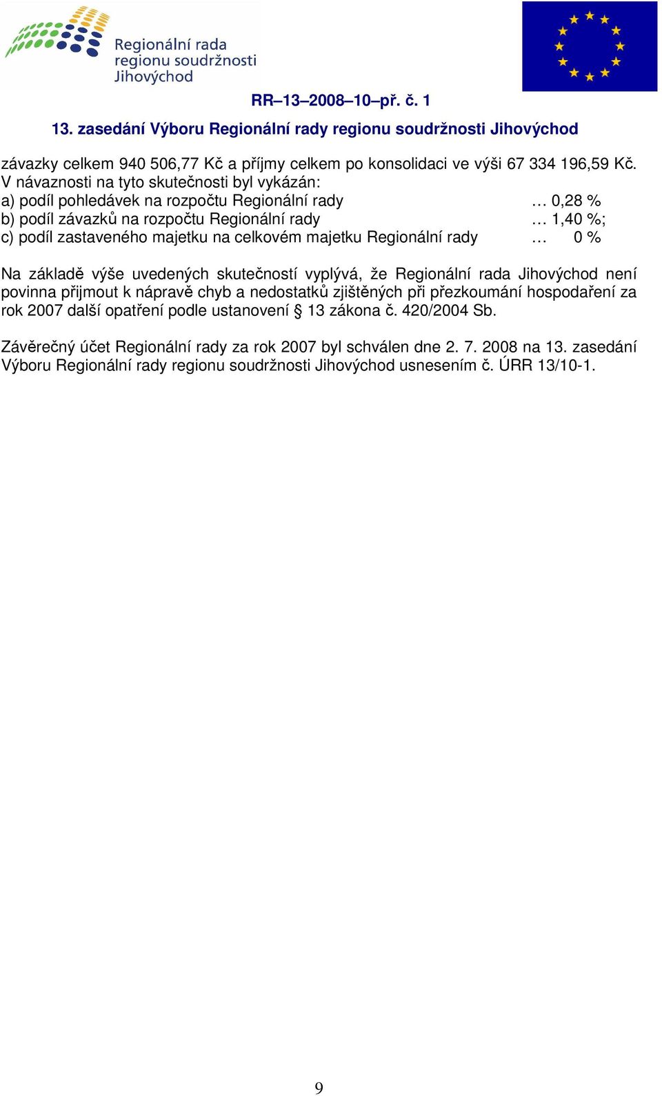 majetku na celkovém majetku Regionální rady 0 % Na základě výše uvedených skutečností vyplývá, že Regionální rada Jihovýchod není povinna přijmout k nápravě chyb a nedostatků