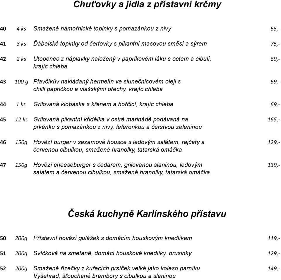 Grilovaná klobáska s křenem a hořčicí, krajíc chleba 69,- 45 12 ks Grilovaná pikantní křidélka v ostré marinádě podávaná na 165,- prkénku s pomazánkou z nivy, feferonkou a čerstvou zeleninou 46 150g