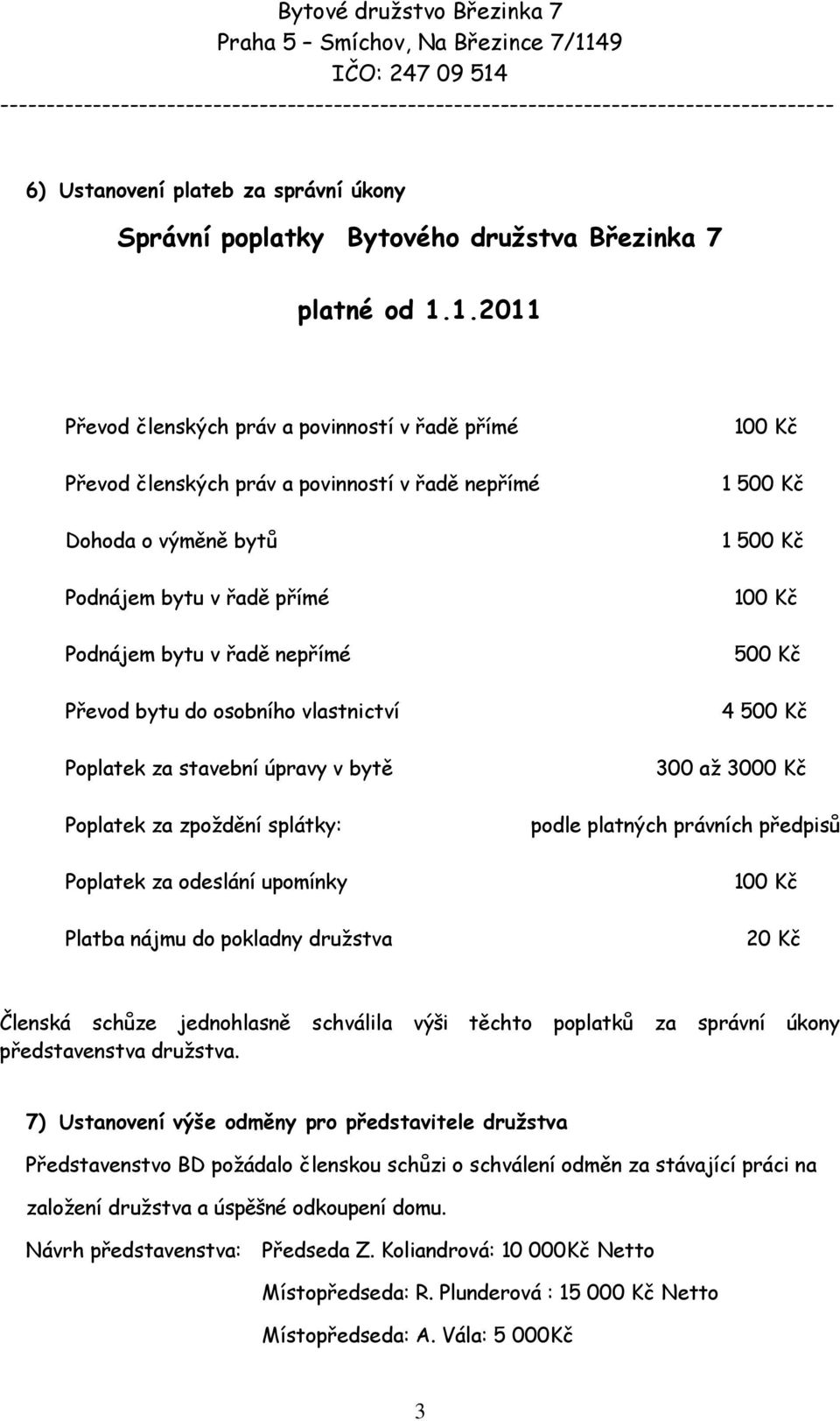 osobního vlastnictví Poplatek za stavební úpravy v bytě 1 500 Kč 1 500 Kč 500 Kč 4 500 Kč 300 aţ 3000 Kč Poplatek za zpoţdění splátky: Poplatek za odeslání upomínky Platba nájmu do pokladny druţstva